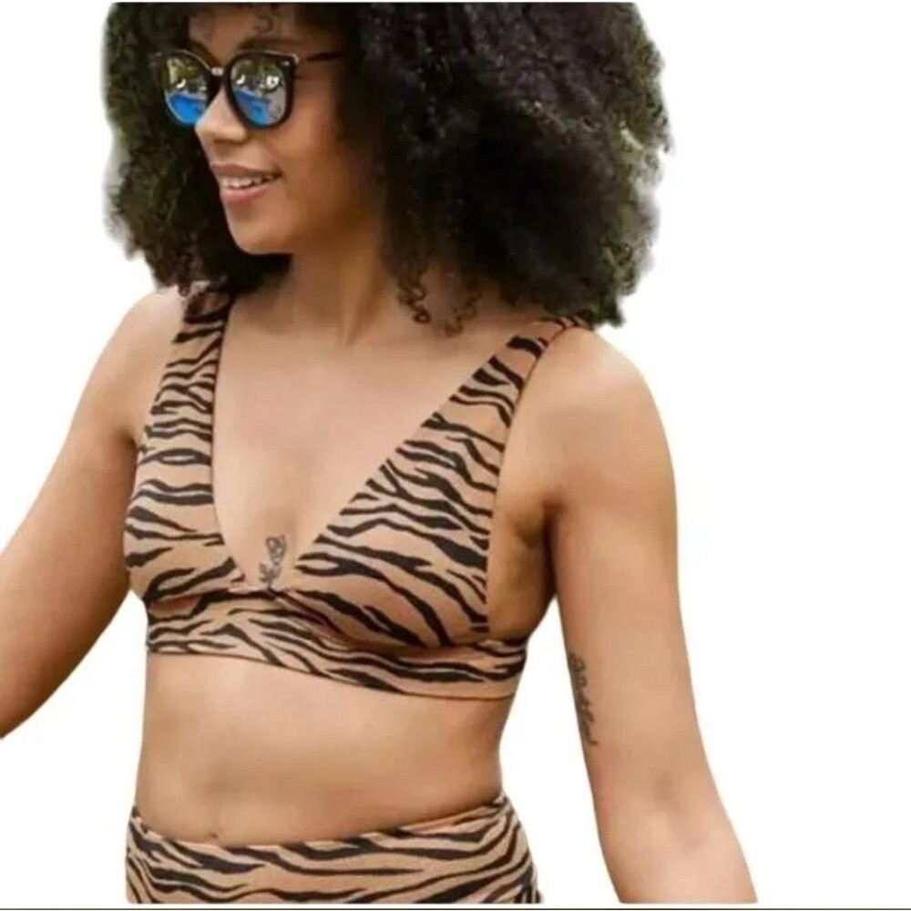 Aerie Pique Animal Print Tie Longline Triangle Bikini Top Sienna Black Sz Medium